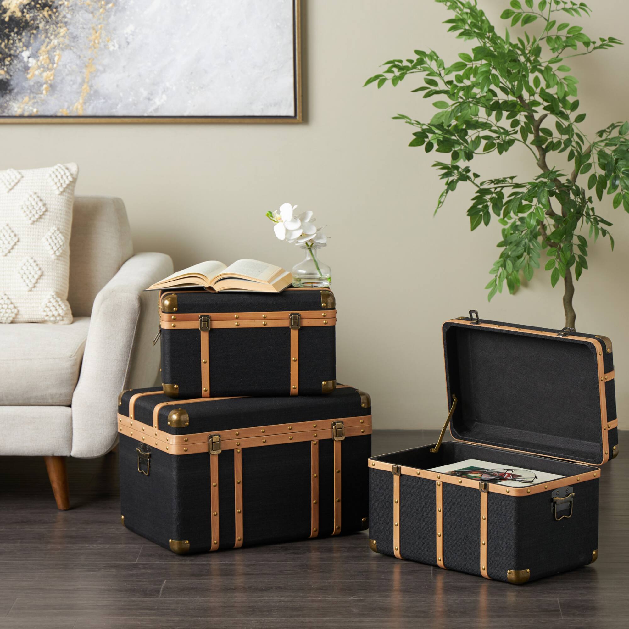 Black Fabric Decorative Trunk Set with Brass Metal Latches